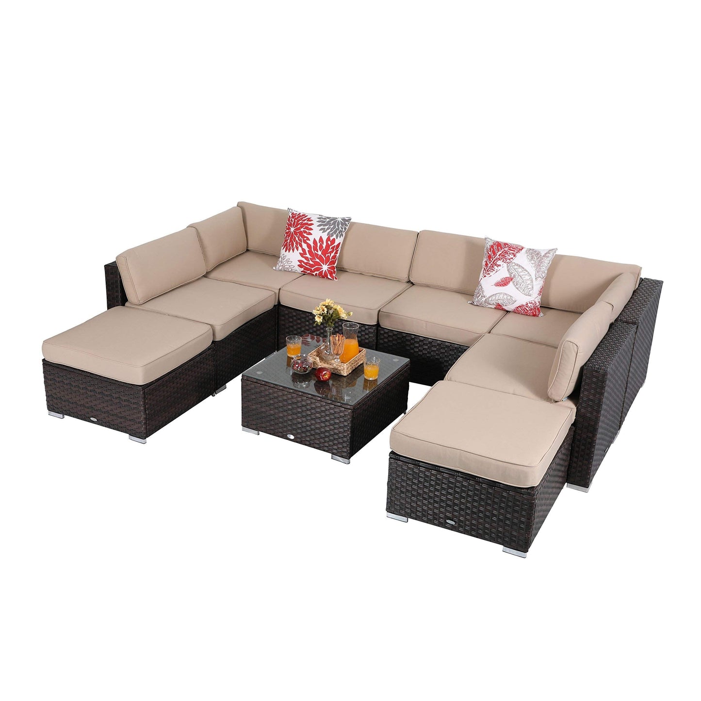 9-Piece Rattan Wicker Cushioned Patio Furniture Sectional Sofa Set - 9-Pieces Sets