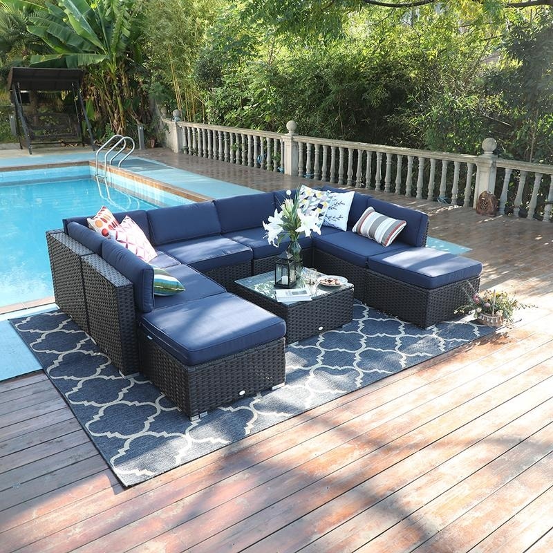 9-Piece Rattan Wicker Cushioned Patio Furniture Sectional Sofa Set - 9-Pieces Sets