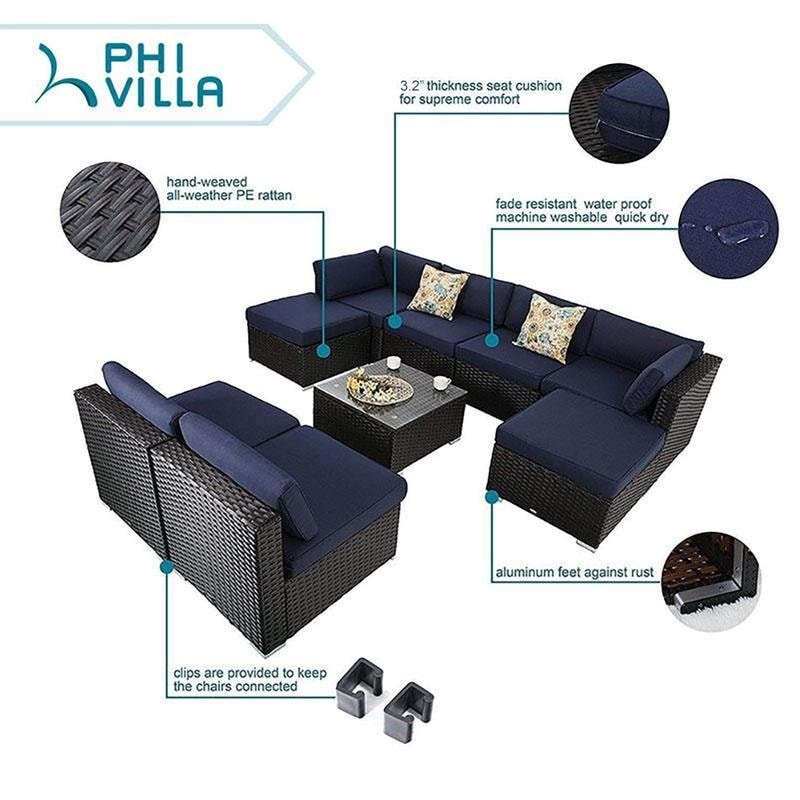 9-Piece Rattan Wicker Cushioned Patio Furniture Sectional Sofa Set - 9-Pieces Sets