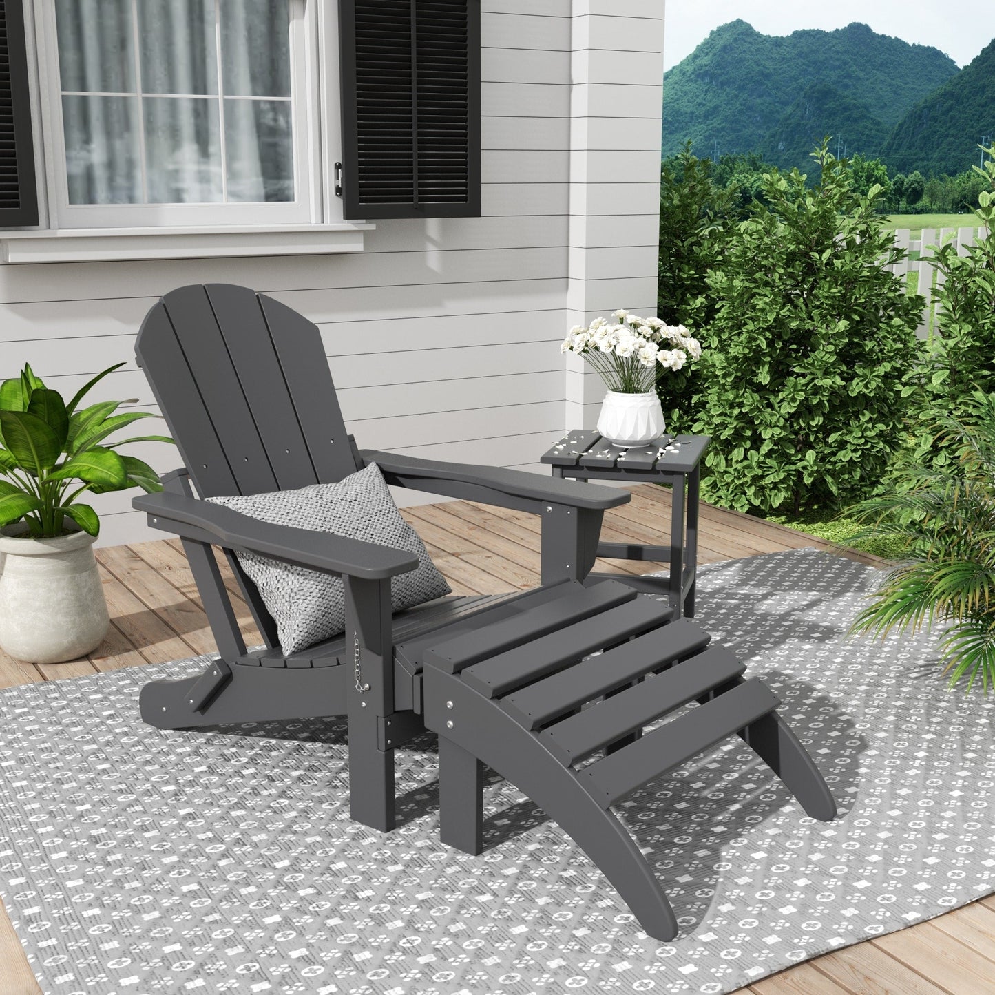 Polytrends Laguna Hdpe All Weather Outdoor Patio Foldable Adirondack Chair With Ottoman And Side Table (3-Piece Set)