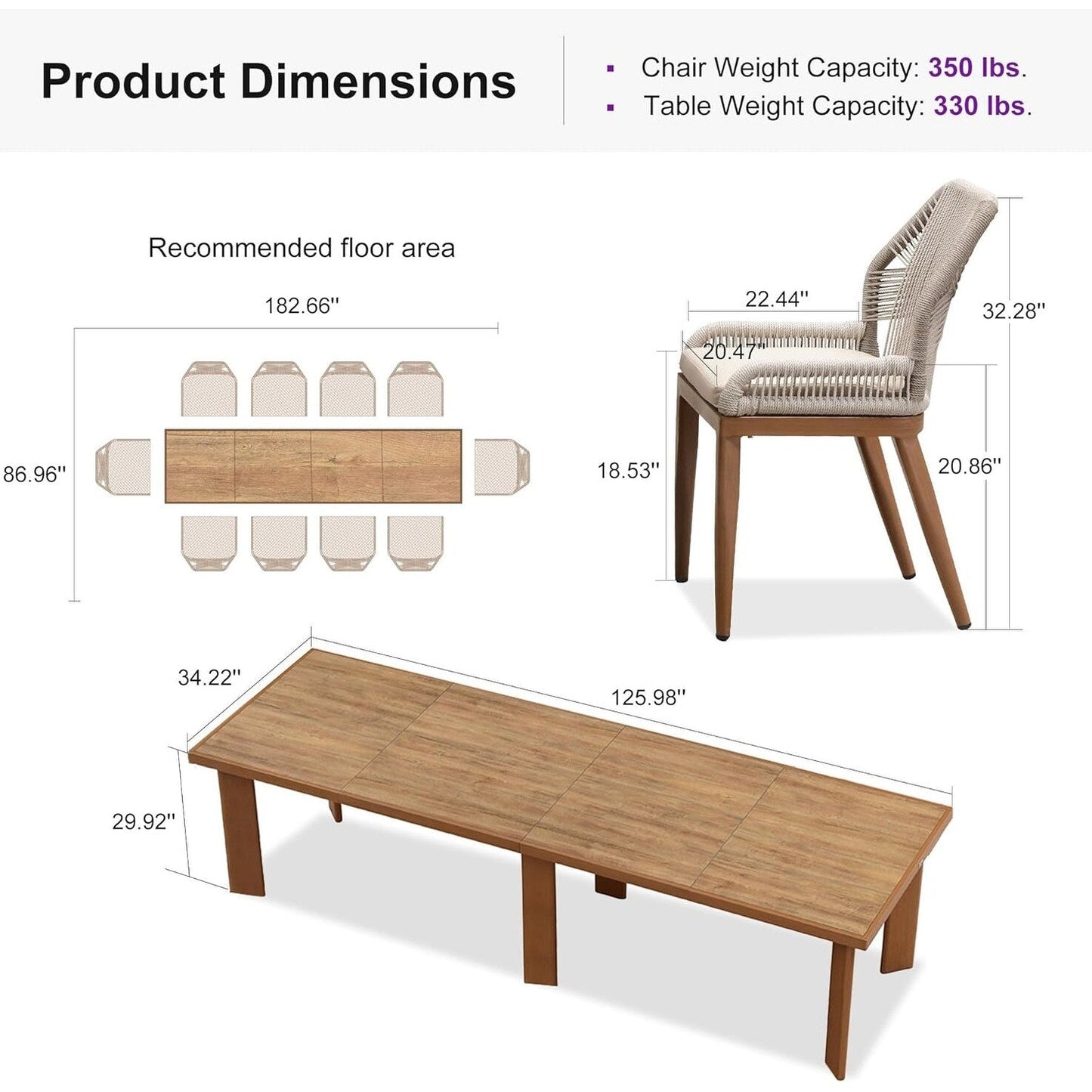 PURPLE LEAF Dining Set Patio Metal Rectangular Table and Wicker Rattan Chairs for Outside Porch Modern Outdoor Furniture Sets
