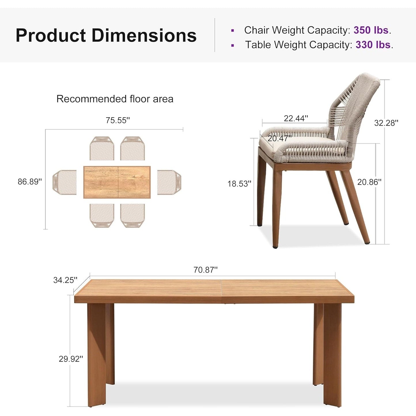 PURPLE LEAF Dining Set Patio Metal Rectangular Table and Wicker Rattan Chairs for Outside Porch Modern Outdoor Furniture Sets