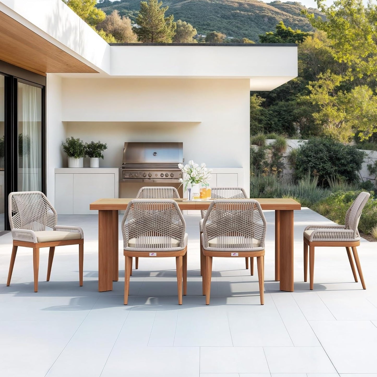 PURPLE LEAF Dining Set Patio Metal Rectangular Table and Wicker Rattan Chairs for Outside Porch Modern Outdoor Furniture Sets