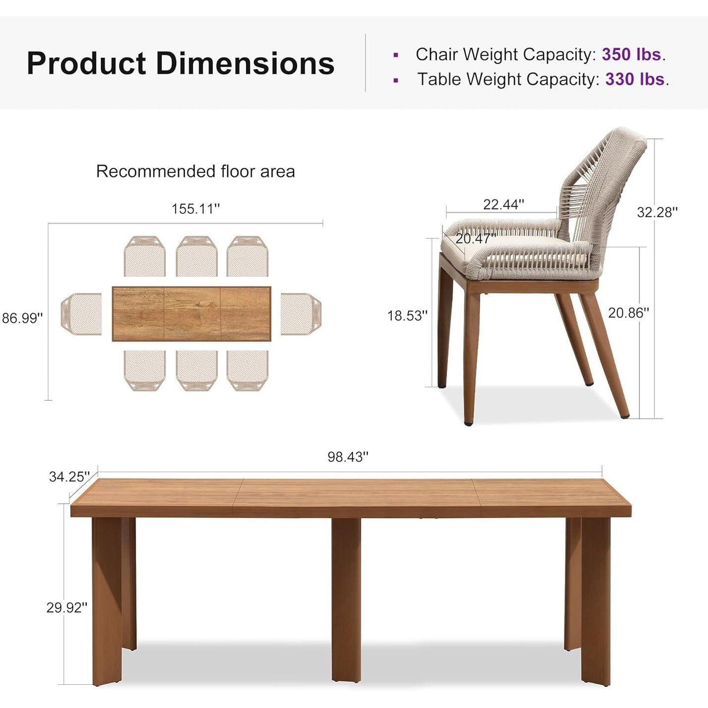 PURPLE LEAF Dining Set Patio Metal Rectangular Table and Wicker Rattan Chairs for Outside Porch Modern Outdoor Furniture Sets
