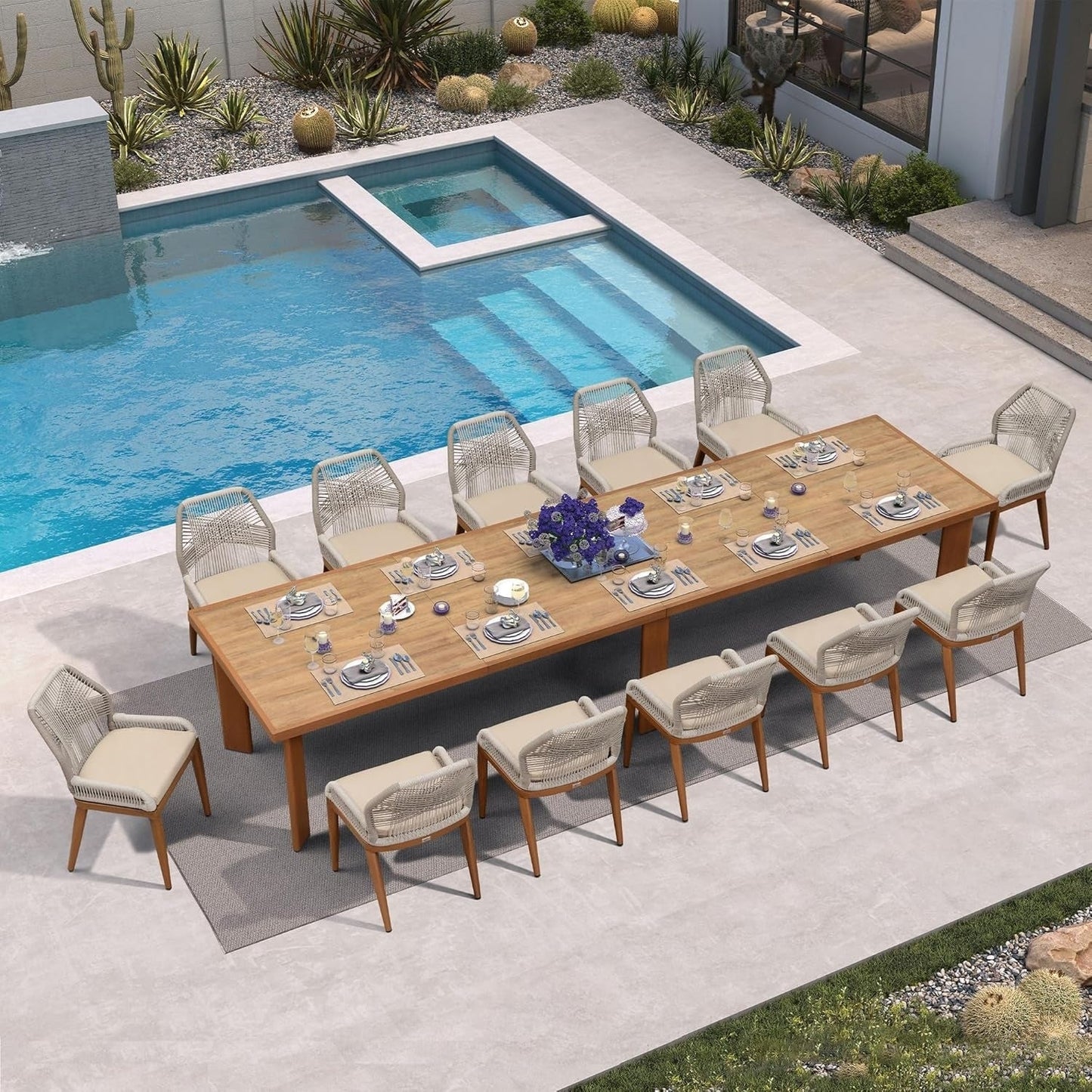 PURPLE LEAF Dining Set Patio Metal Rectangular Table and Wicker Rattan Chairs for Outside Porch Modern Outdoor Furniture Sets