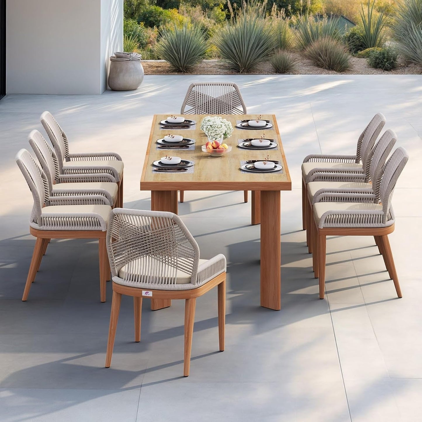 PURPLE LEAF Dining Set Patio Metal Rectangular Table and Wicker Rattan Chairs for Outside Porch Modern Outdoor Furniture Sets