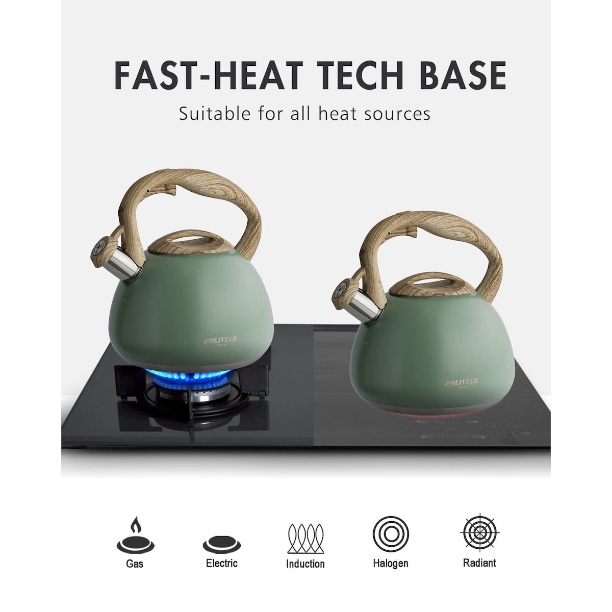 Poliviar Tea Kettle, 2.7 Quart Seaweed Green Finish with Wood Pattern Handle Loud Whistle Food Grade Stainless Steel Teapot