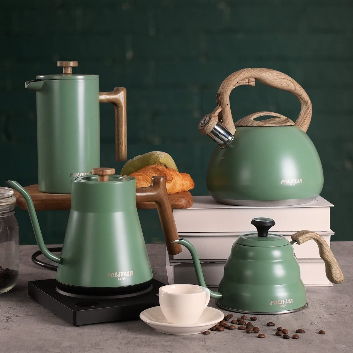 Poliviar Tea Kettle, 2.7 Quart Seaweed Green Finish with Wood Pattern Handle Loud Whistle Food Grade Stainless Steel Teapot