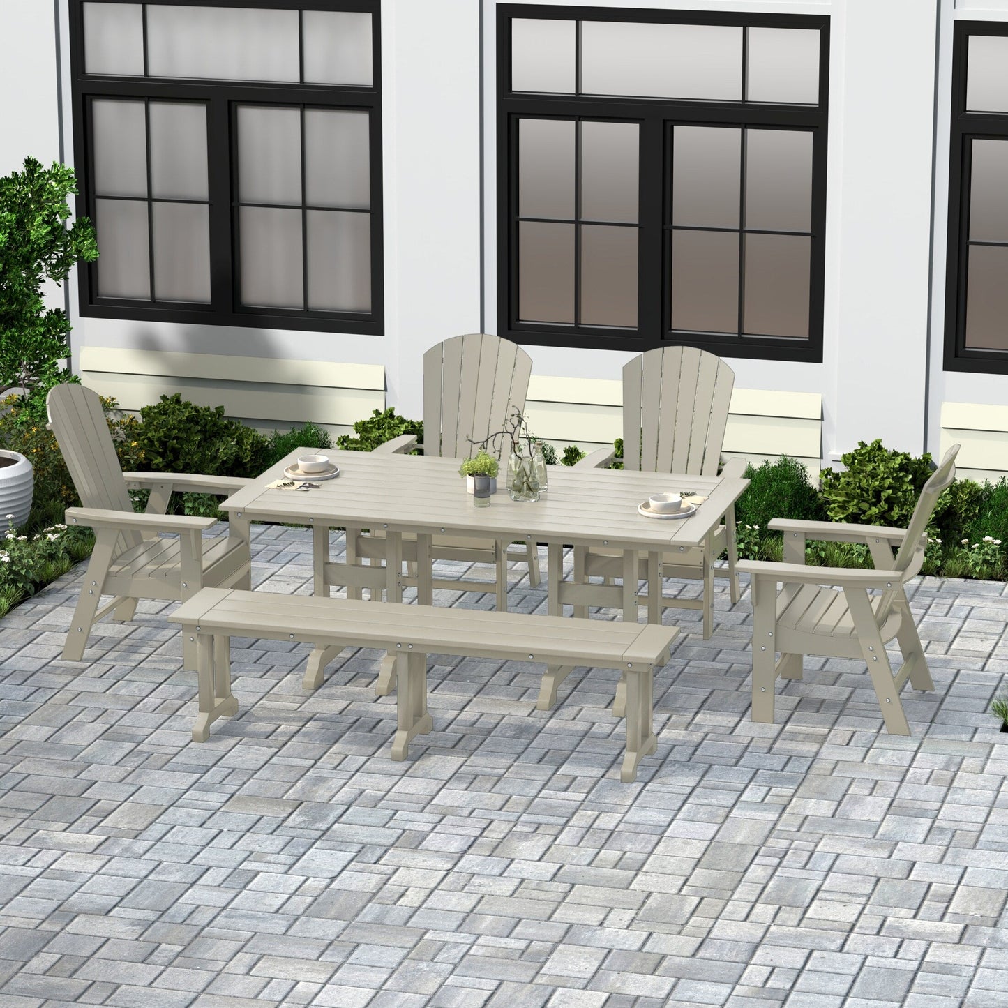 Polytrends Altura 6-Piece Rectangular Poly Eco-Friendly All Weather Outdoor Dining Set with Bench
