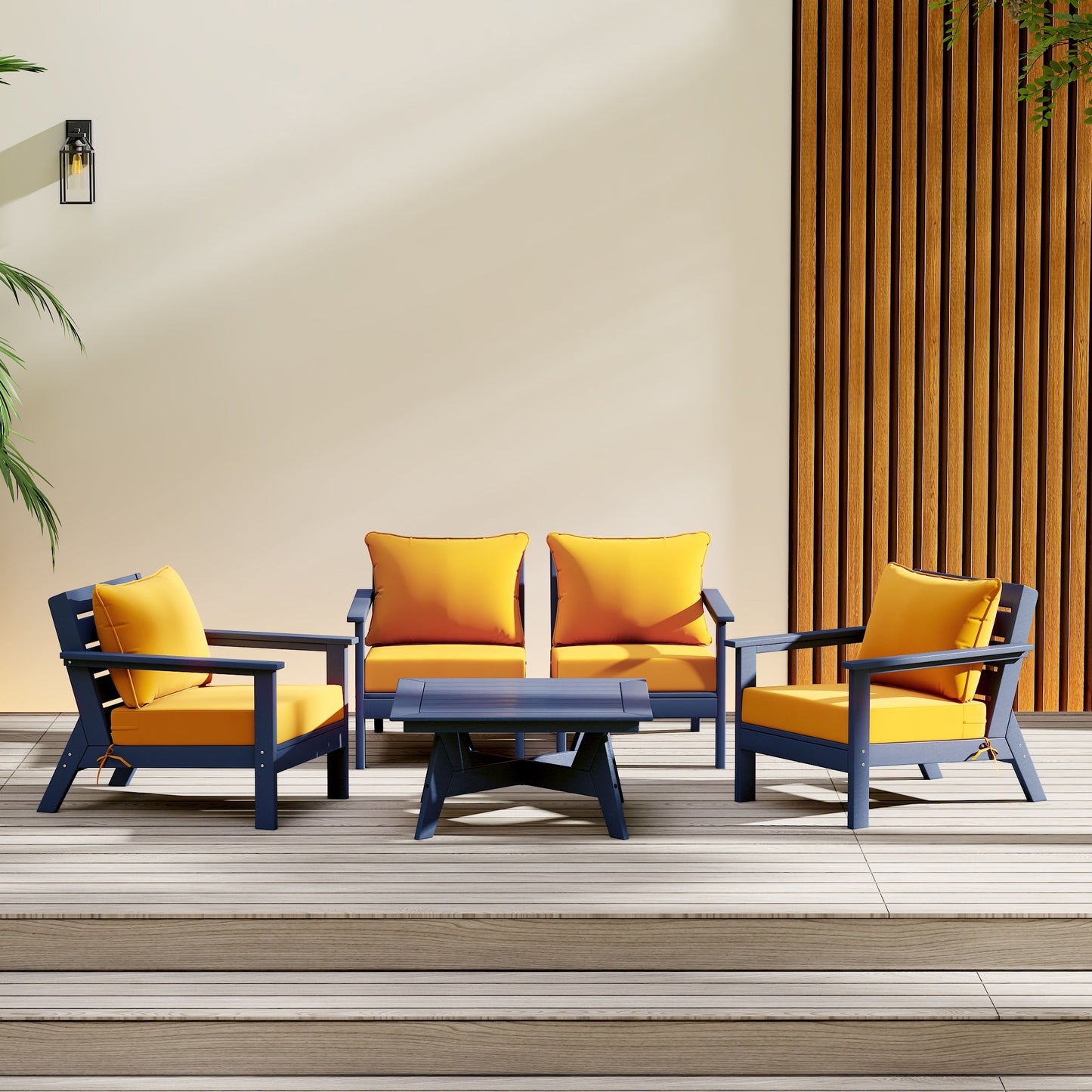 Polytrends Birchwood All Weather HDPE Outdoor Patio Navy Blue Deep Seating Conversation Set (5-Piece Set)