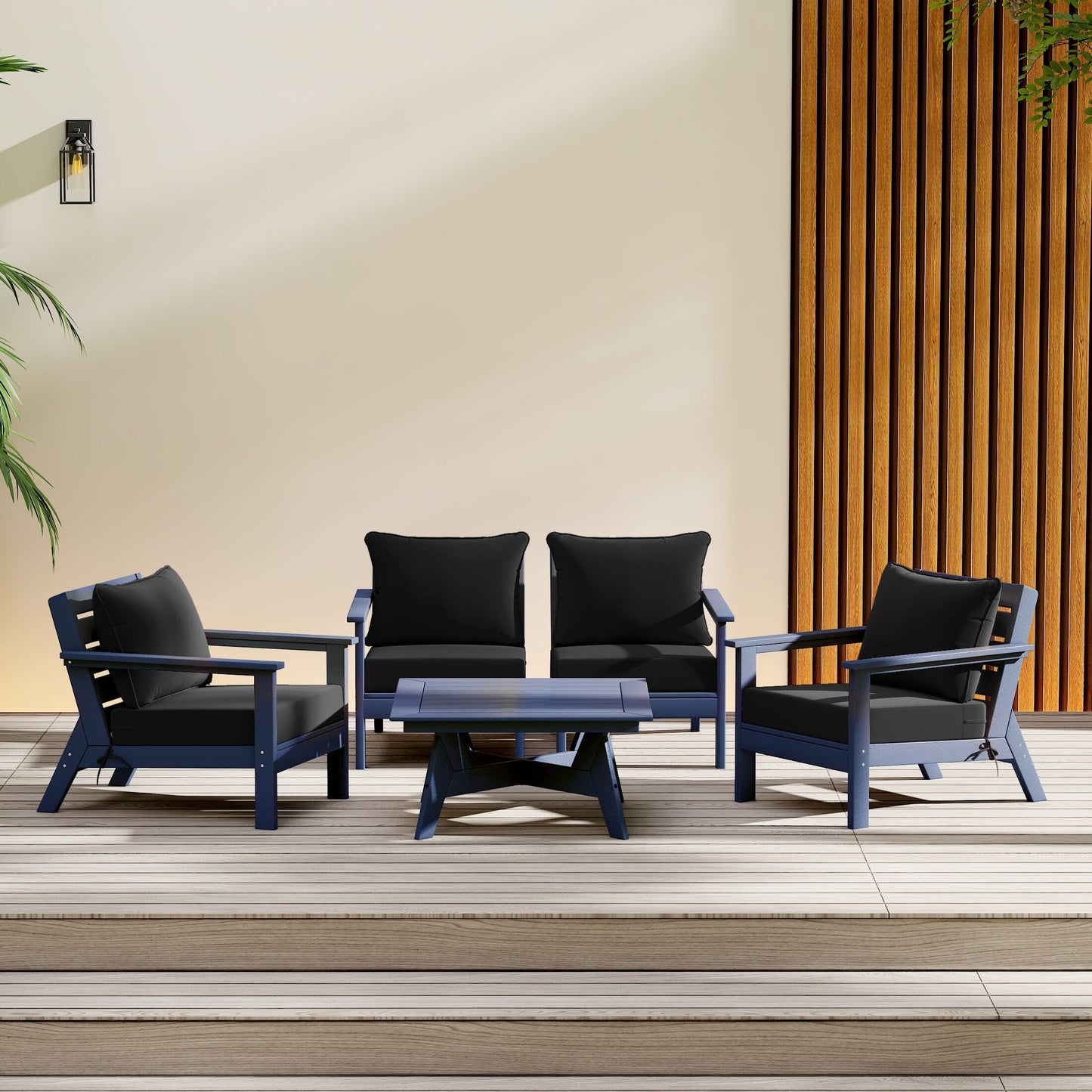 Polytrends Birchwood All Weather HDPE Outdoor Patio Navy Blue Deep Seating Conversation Set (5-Piece Set)