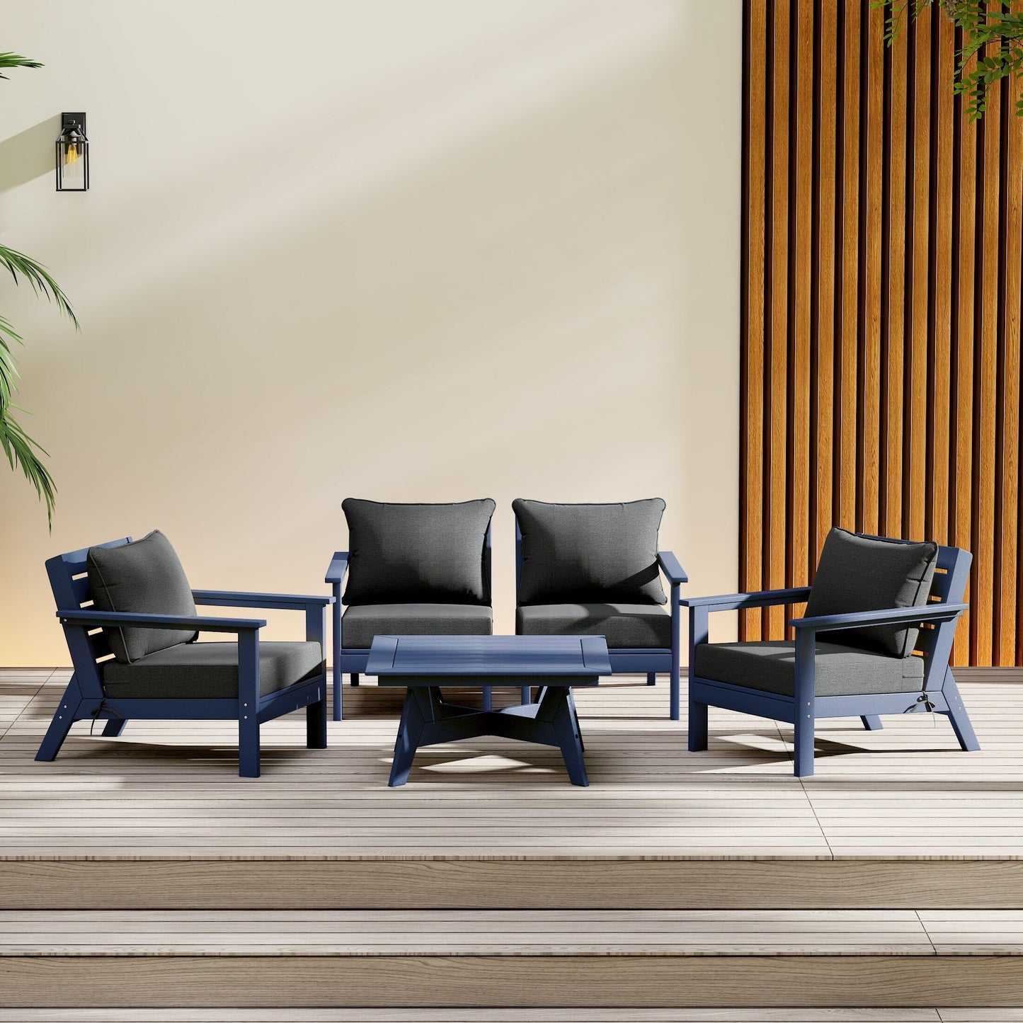 Polytrends Birchwood All Weather HDPE Outdoor Patio Navy Blue Deep Seating Conversation Set (5-Piece Set)