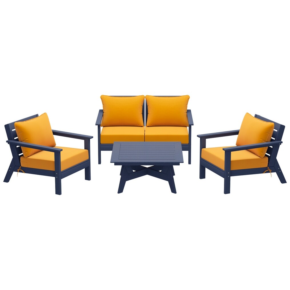 Polytrends Birchwood All Weather HDPE Outdoor Patio Navy Blue Deep Seating Conversation Set (5-Piece Set)