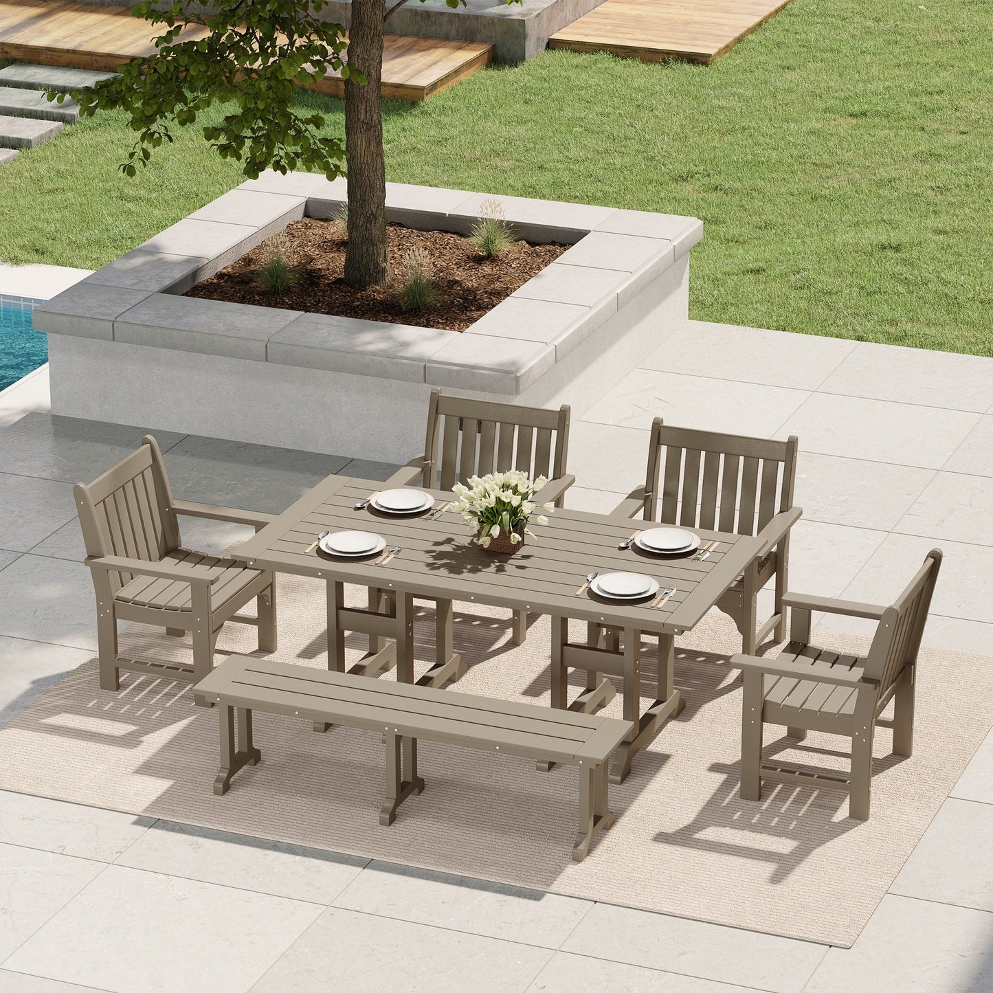 Polytrends Laguna 6-Piece Outdoor Patio Rectangle Table Garden Arm Chair Dining Set With Bench
