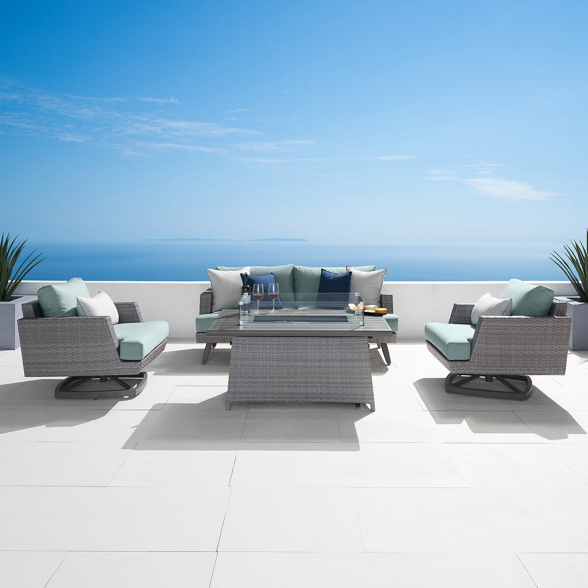 Portofino Casual 4 Piece Sunbrella Outdoor Patio Motion Fire Seating Set