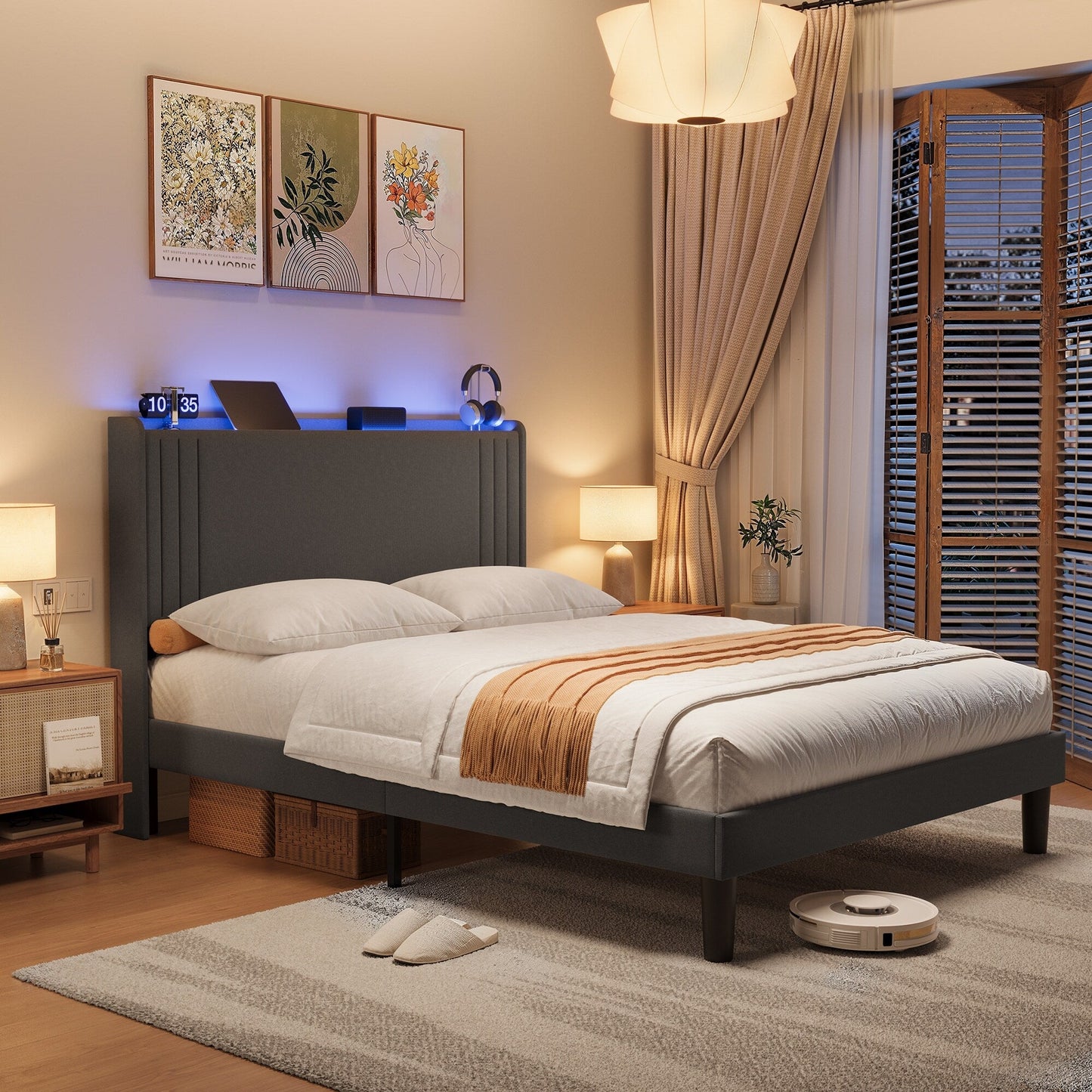 Queen/ Full Vertical Channels Upholstered Bed with Wingback Headboard