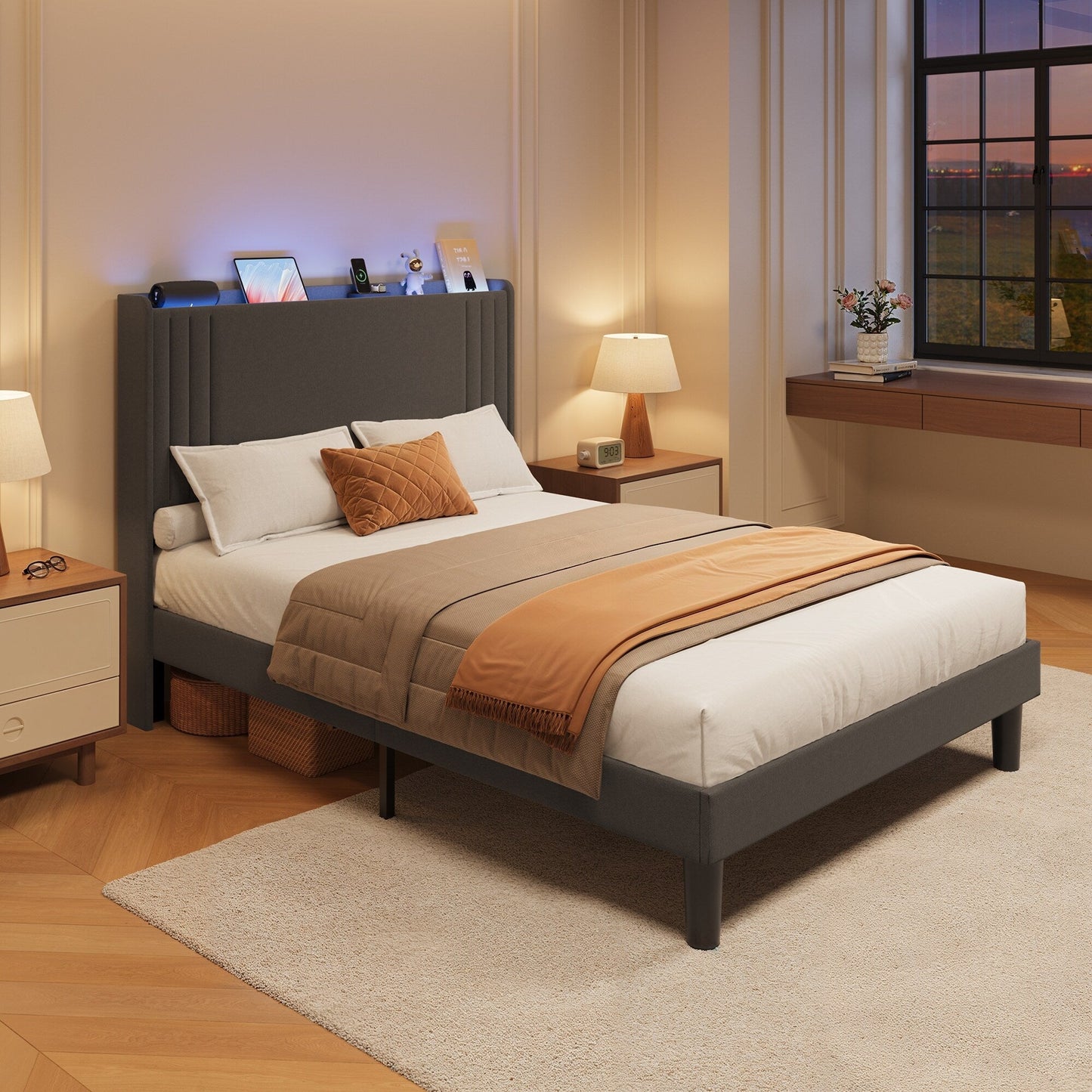 Queen/ Full Vertical Channels Upholstered Bed with Wingback Headboard