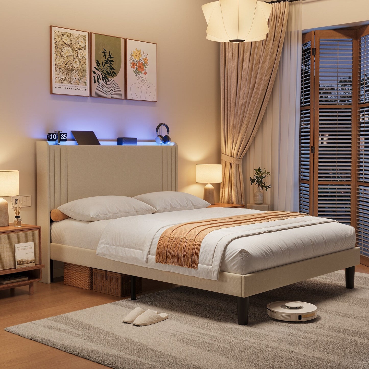 Queen/ Full Vertical Channels Upholstered Bed with Wingback Headboard