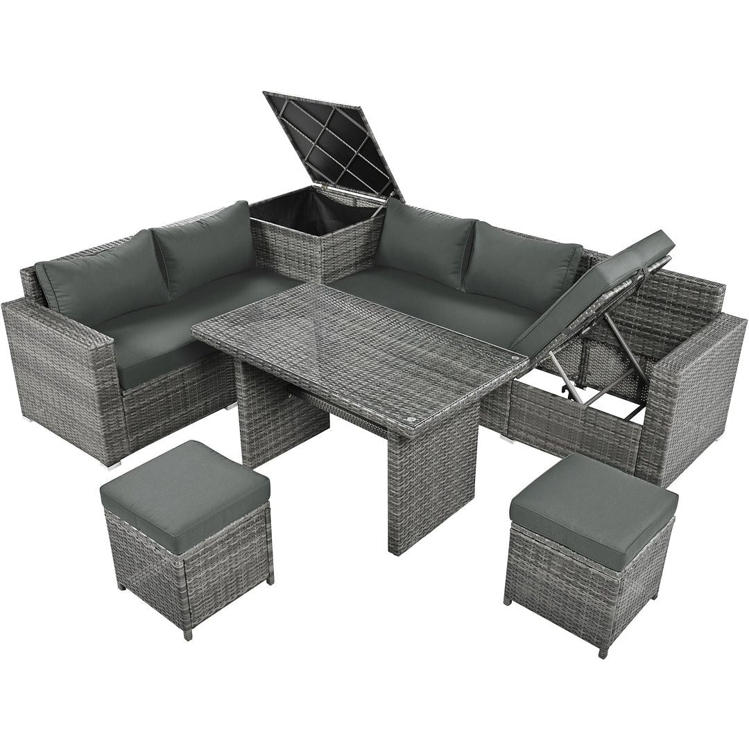 6-Piece PE Rattan Patio Sofa Set with Storage & Adjustable Seats