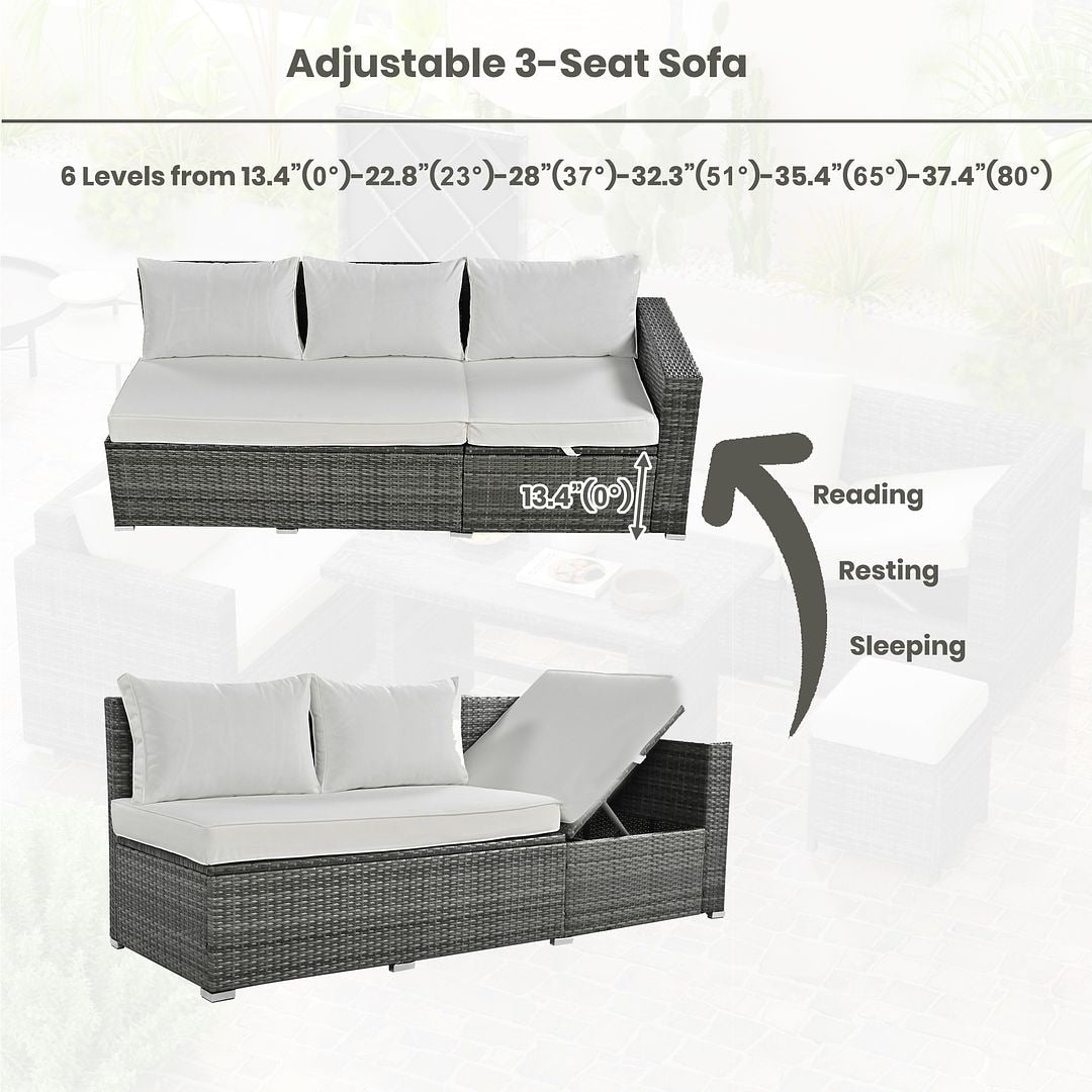 6-Piece PE Rattan Patio Sofa Set with Storage & Adjustable Seats