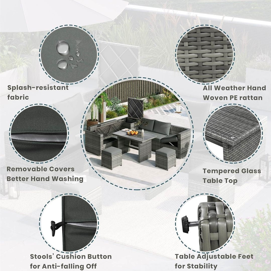 6-Piece PE Rattan Patio Sofa Set with Storage & Adjustable Seats