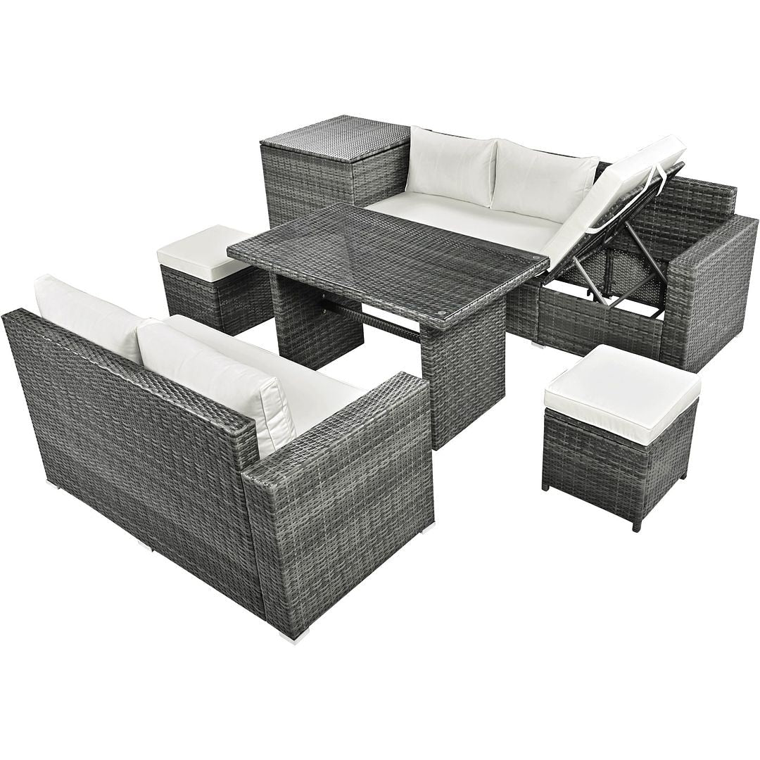 6-Piece PE Rattan Patio Sofa Set with Storage & Adjustable Seats