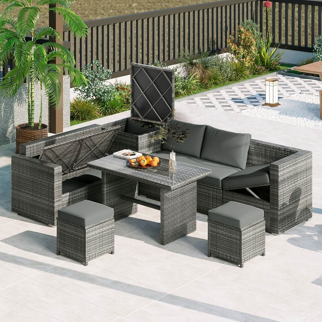 6-Piece PE Rattan Patio Sofa Set with Storage & Adjustable Seats