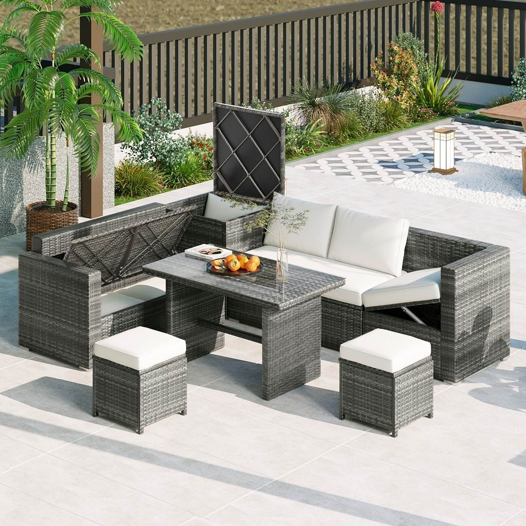 6-Piece PE Rattan Patio Sofa Set with Storage & Adjustable Seats