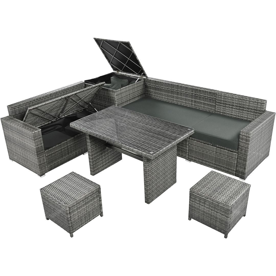 6-Piece PE Rattan Patio Sofa Set with Storage & Adjustable Seats