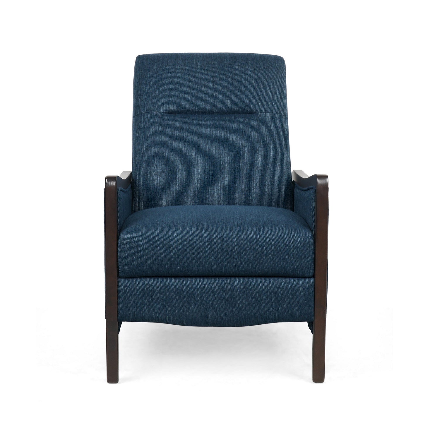 Reina Push Back Recliner Chair, Brown Birch Wood, Navy Blue Fabric