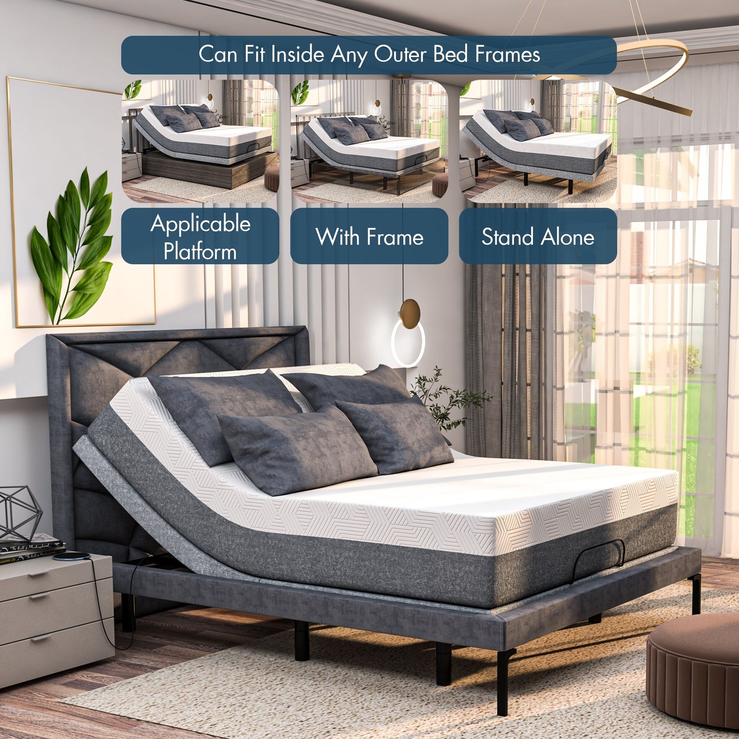 Renanim Adjustable Bed Frame with 12 Mattress, Dual Massage, Zero Gravity, 5 Minutes Installation, USB Ports, App control