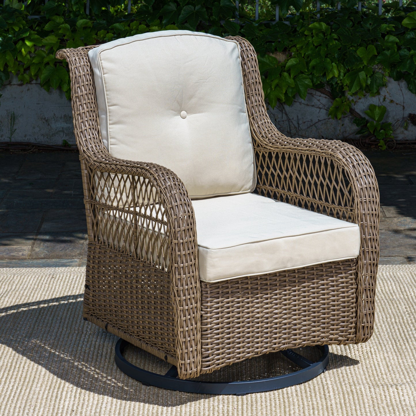 Rio Vista Sandstone Outdoor Wicker Seating Set with Fire Pit Table (5-Piece)
