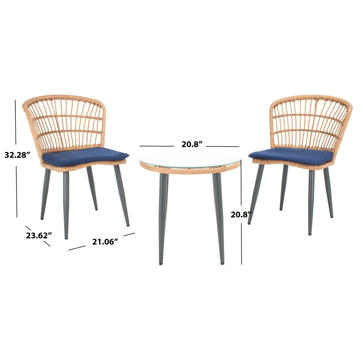 SAFAVIEH Outdoor Living Prenza Rattan 3-Piece Patio Lounger Set - Natural/Navy - 21W x 24D x 32H