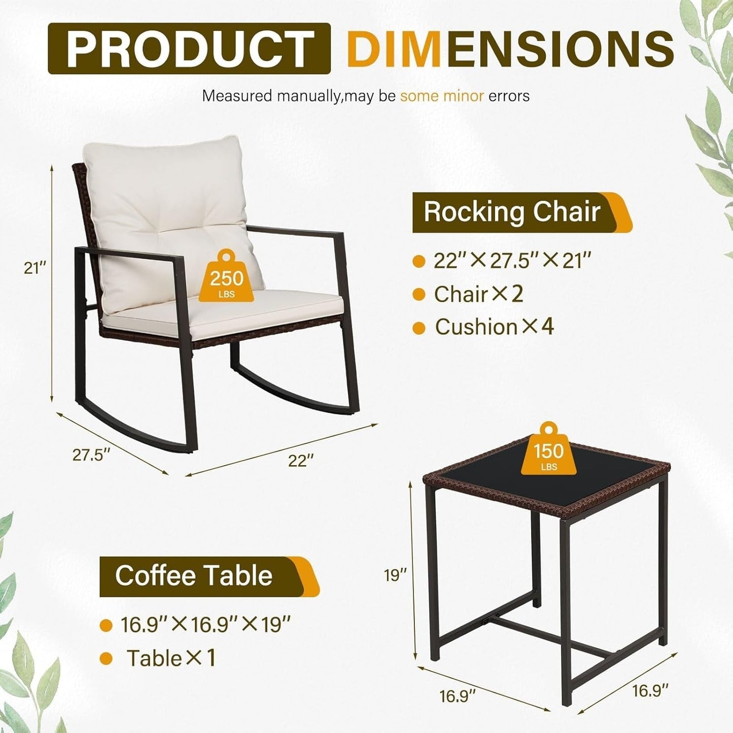 SUNCROWN 3-piece Outdoor Patio Brown/Black Wicker Rocking Chairs Conversation Bistro Set