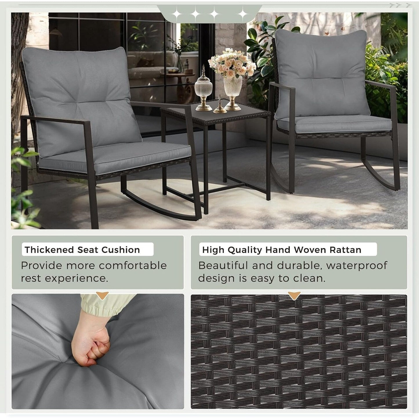 SUNCROWN 3-piece Outdoor Patio Brown/Black Wicker Rocking Chairs Conversation Bistro Set