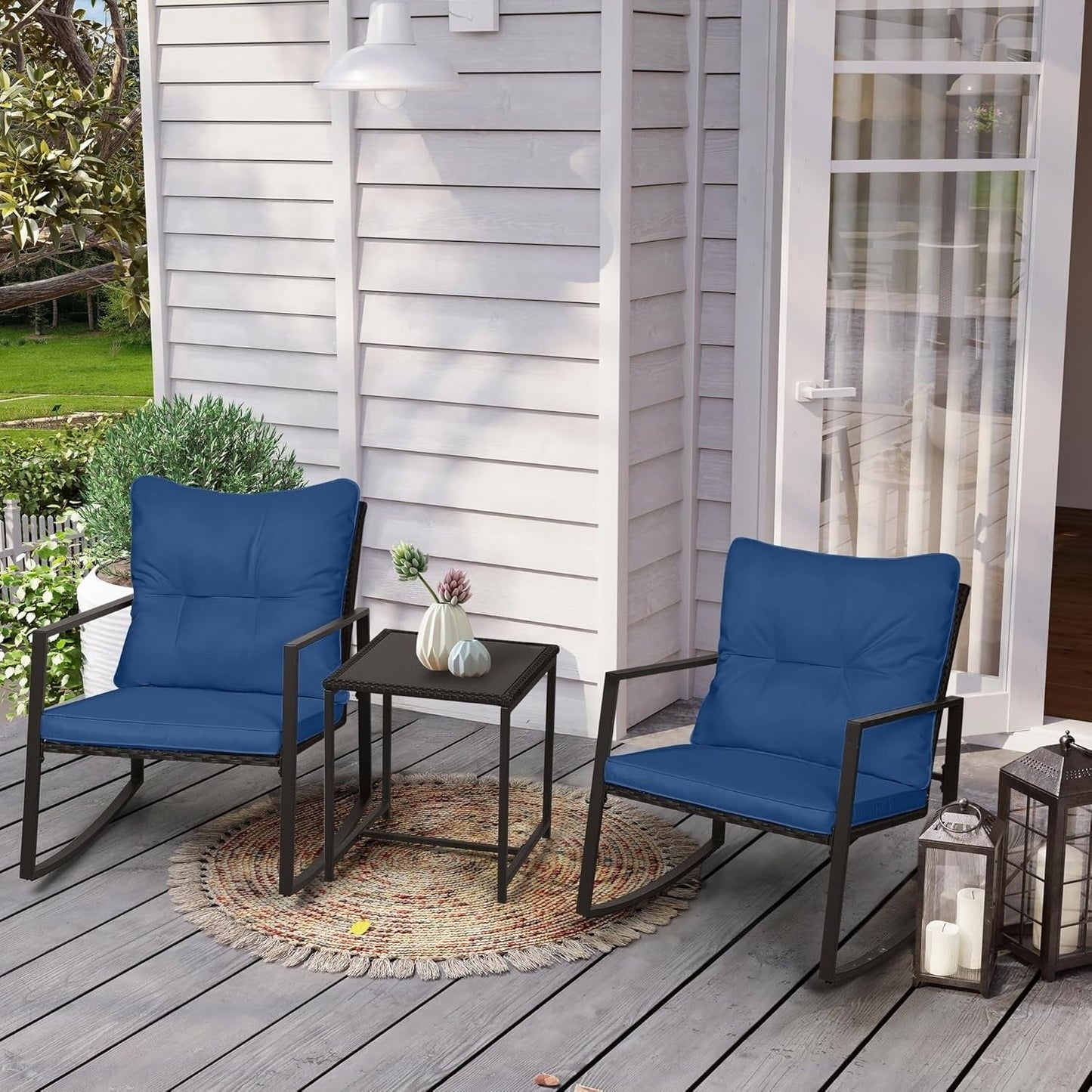 SUNCROWN 3-piece Outdoor Patio Brown/Black Wicker Rocking Chairs Conversation Bistro Set
