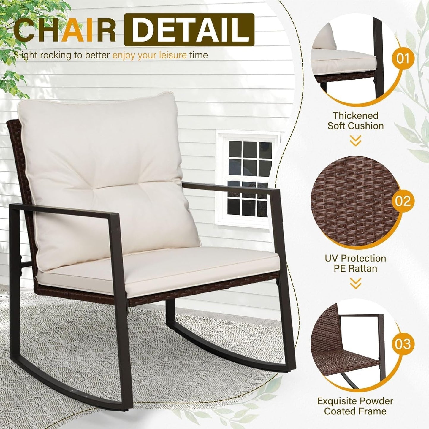 SUNCROWN 3-piece Outdoor Patio Brown/Black Wicker Rocking Chairs Conversation Bistro Set