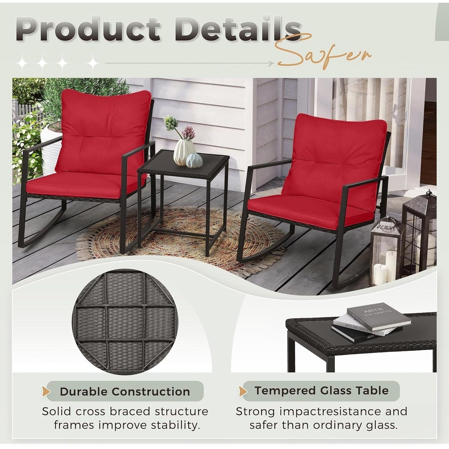 SUNCROWN 3-piece Outdoor Patio Brown/Black Wicker Rocking Chairs Conversation Bistro Set
