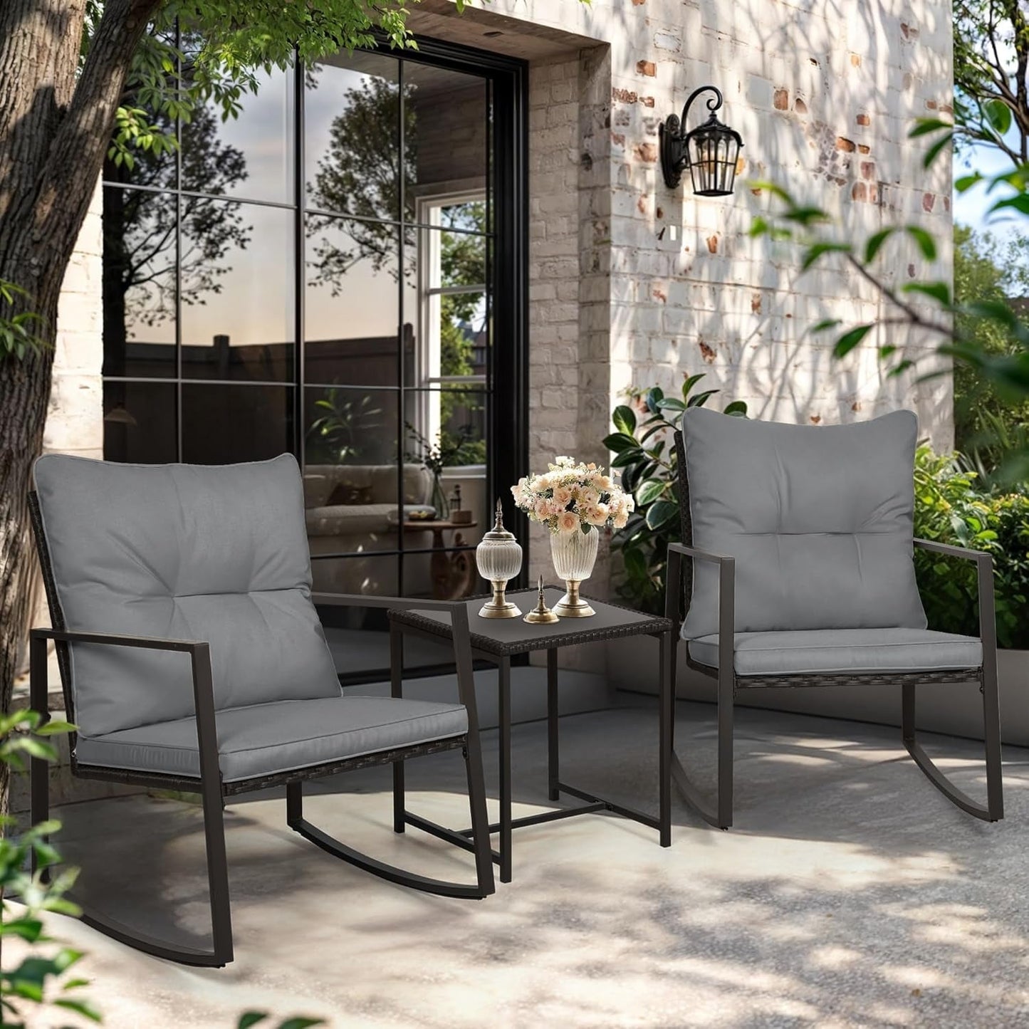 SUNCROWN 3-piece Outdoor Patio Brown/Black Wicker Rocking Chairs Conversation Bistro Set