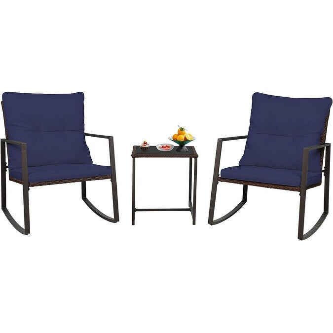 SUNCROWN 3-piece Outdoor Patio Brown/Black Wicker Rocking Chairs Conversation Bistro Set