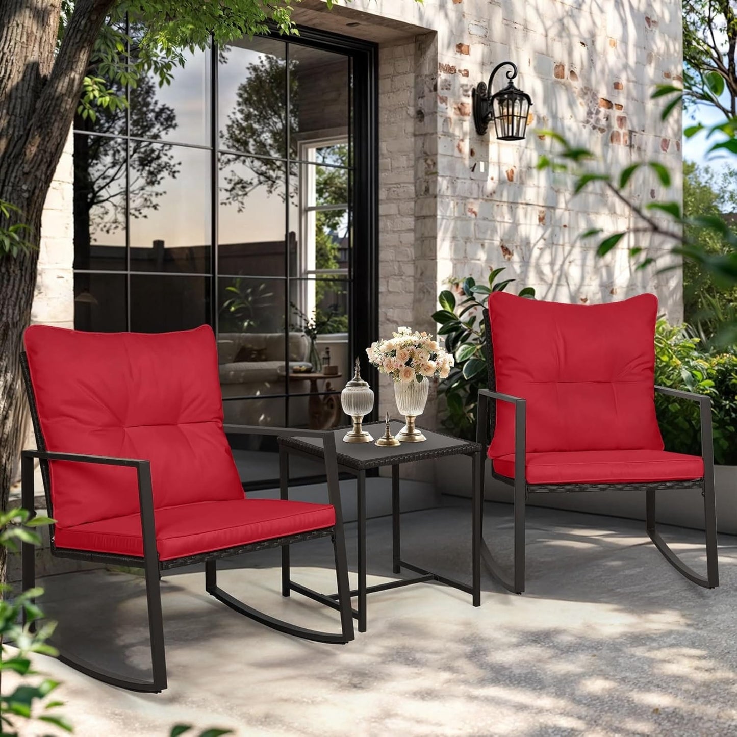 SUNCROWN 3-piece Outdoor Patio Brown/Black Wicker Rocking Chairs Conversation Bistro Set