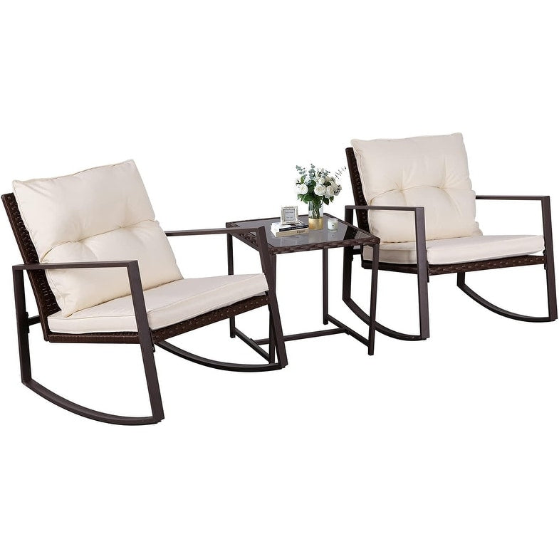 SUNCROWN 3-piece Outdoor Patio Brown/Black Wicker Rocking Chairs Conversation Bistro Set