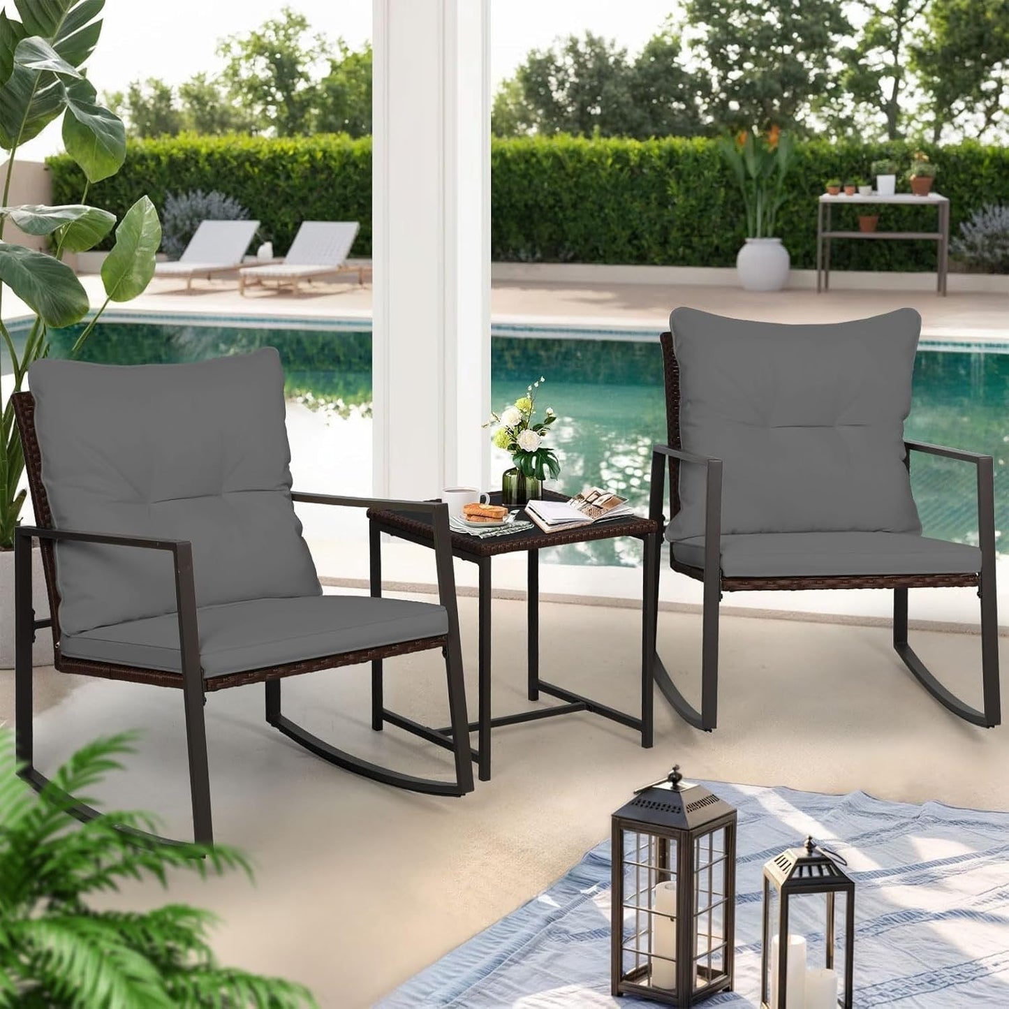 SUNCROWN 3-piece Outdoor Patio Brown/Black Wicker Rocking Chairs Conversation Bistro Set
