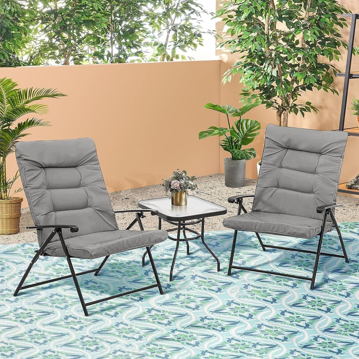 SUNCROWN 3 Piece Outdoor Patio Padded Folding Chairs Bistro Set