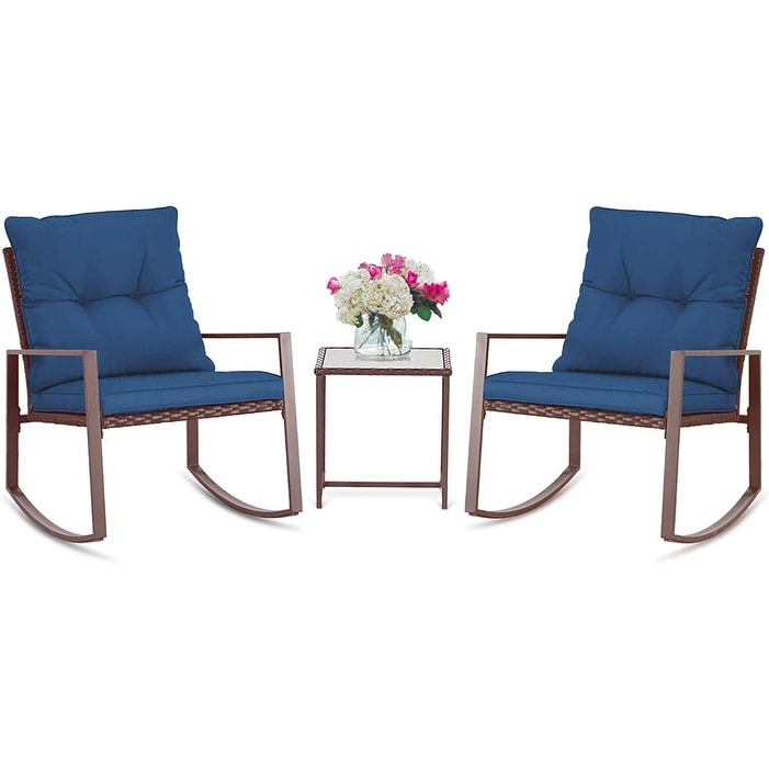 SUNCROWN 3-piece Outdoor Patio Brown/Black Wicker Rocking Chairs Conversation Bistro Set