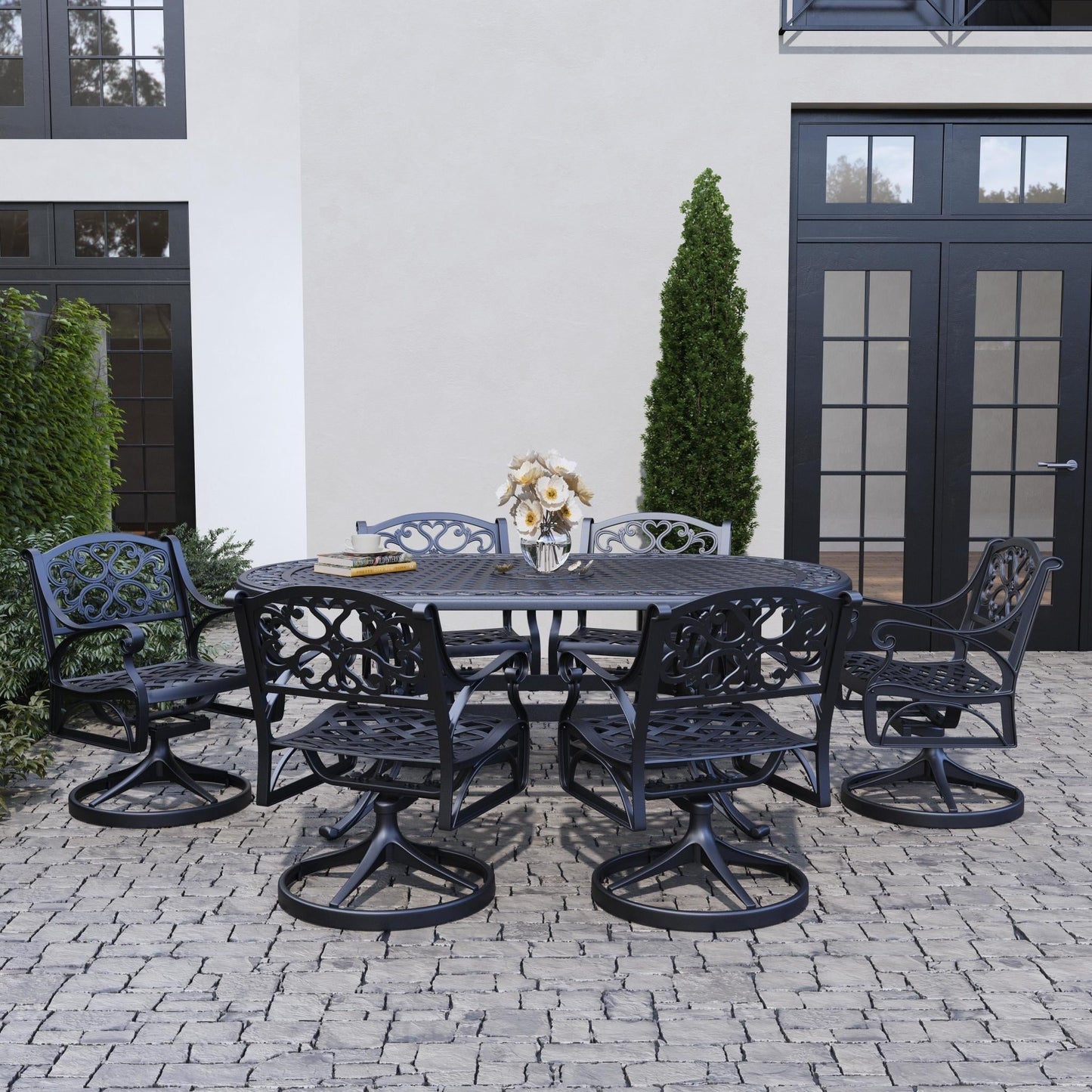 Sanibel Black Aluminum 7-Piece Outdoor Dining Set by Homestyles - 72 x 29 x 42