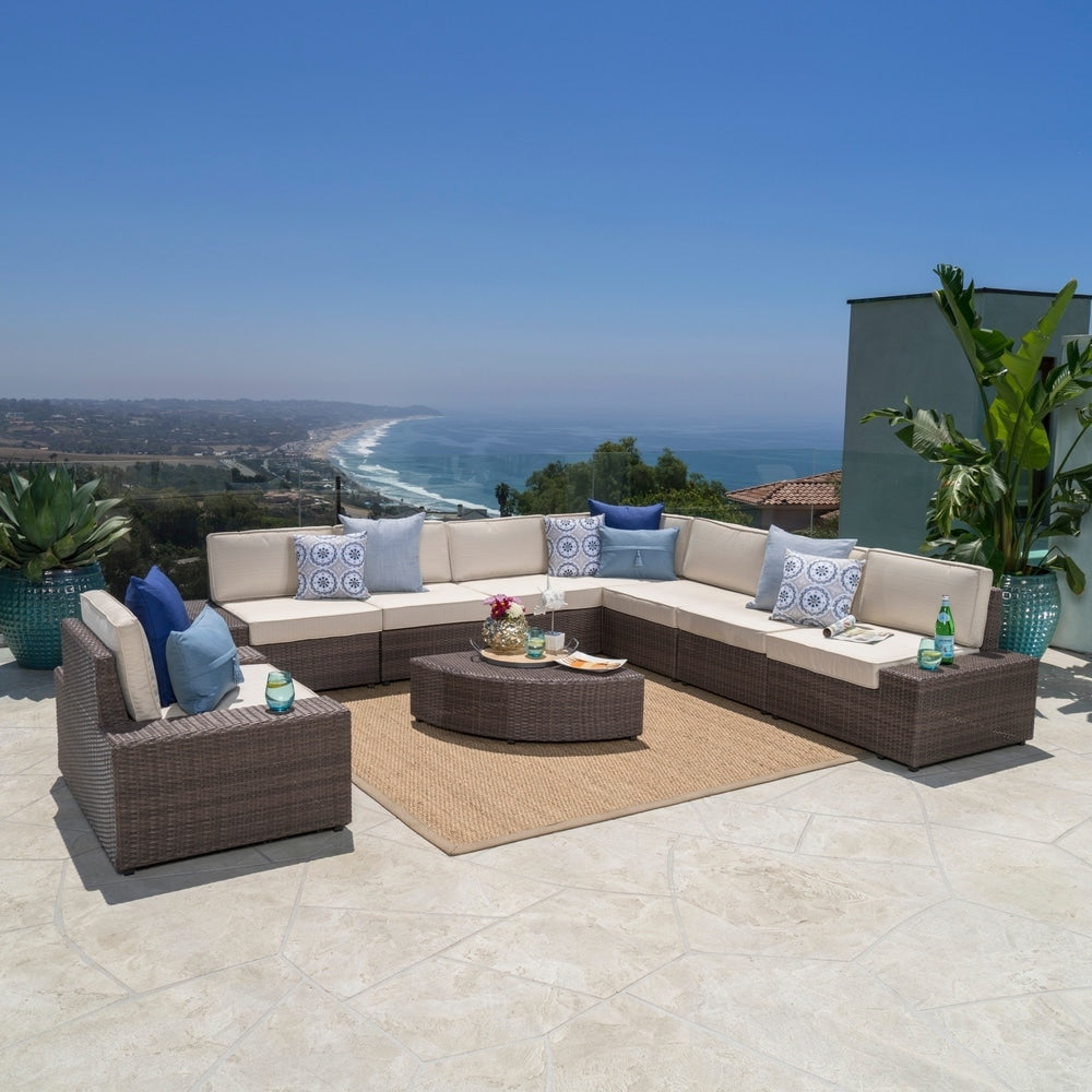 Santa Cruz Outdoor 9-piece Wicker Sectional with Cushions by Christopher Knight Home