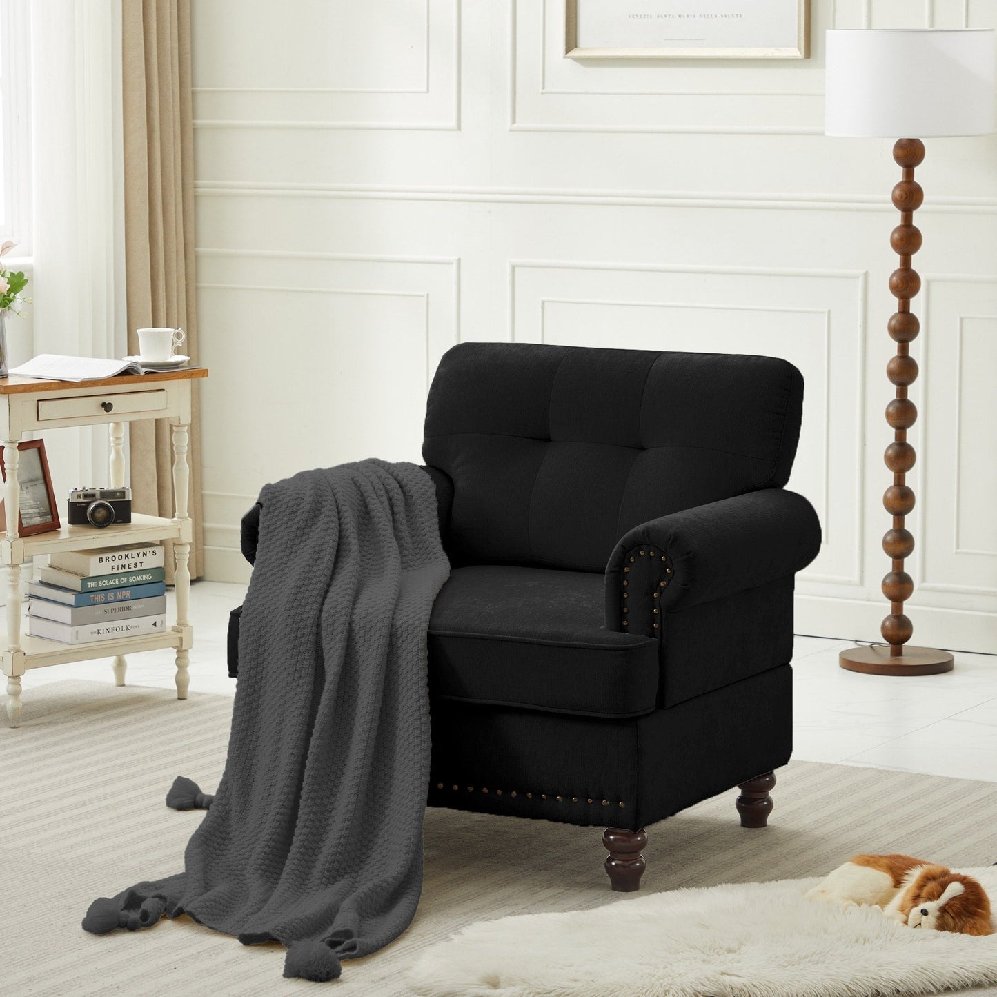 Set of 3 Chenille Sofa Set for Living Room, Button-Tufted & Nailhead Upholstery, Solid Rubberwood Legs