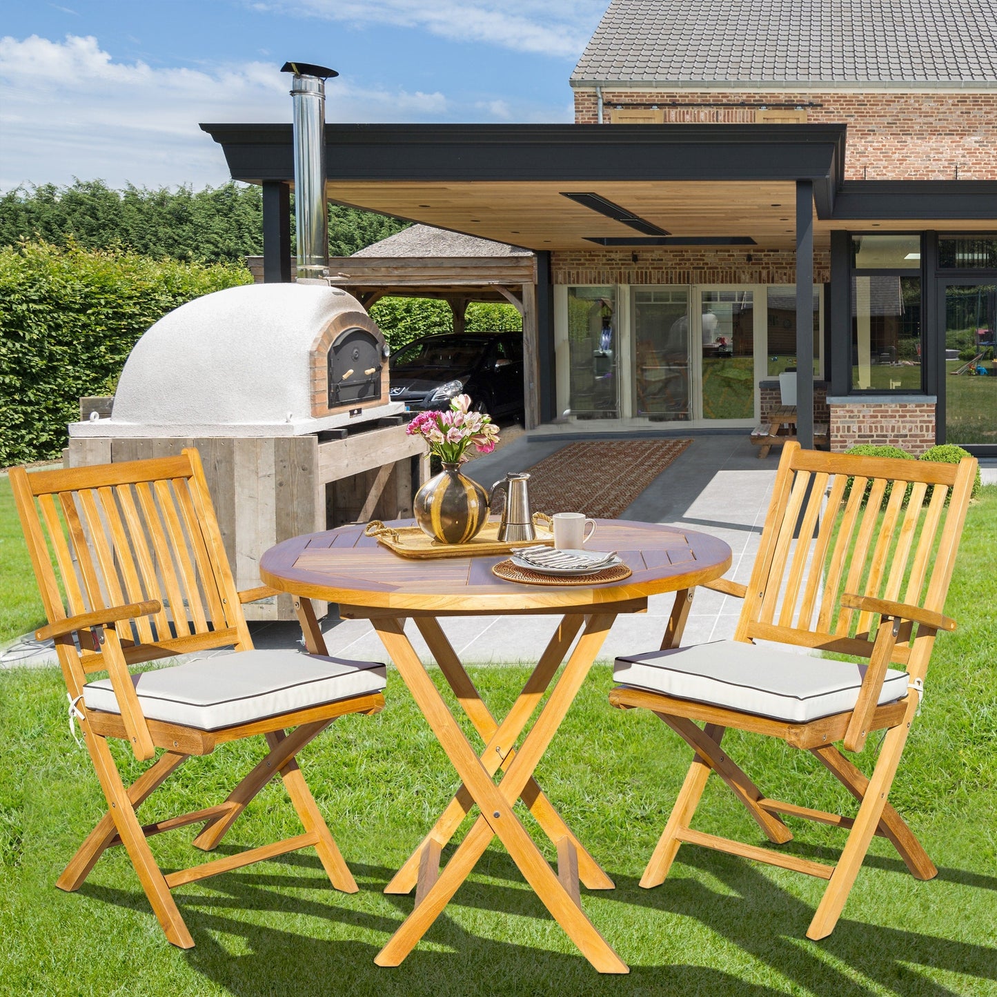 Seven Seas Teak 3 Piece Teak Wood Long Beach Patio Bistro Dining Set, 36 Round Folding Table with 2 Folding Arm Chairs