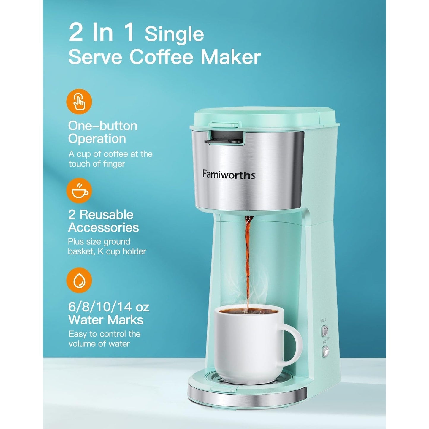 Single Serve Coffee Maker for K Cup & Ground Coffee, with Bold Brew, One Cup Coffee Maker, 6 to 14 oz. Brew Sizes